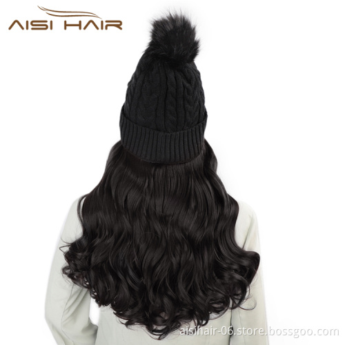Aisi Hair Synthetic Nature Black Long Wavy Body Wave Cap Hair Heat Resistant Fiber Hair Extension With Cap For Black White Women